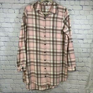 PJ Salvage Pink Brown Plaid Cotton Cozy Cottagecore Sleep Lounge Shirt M